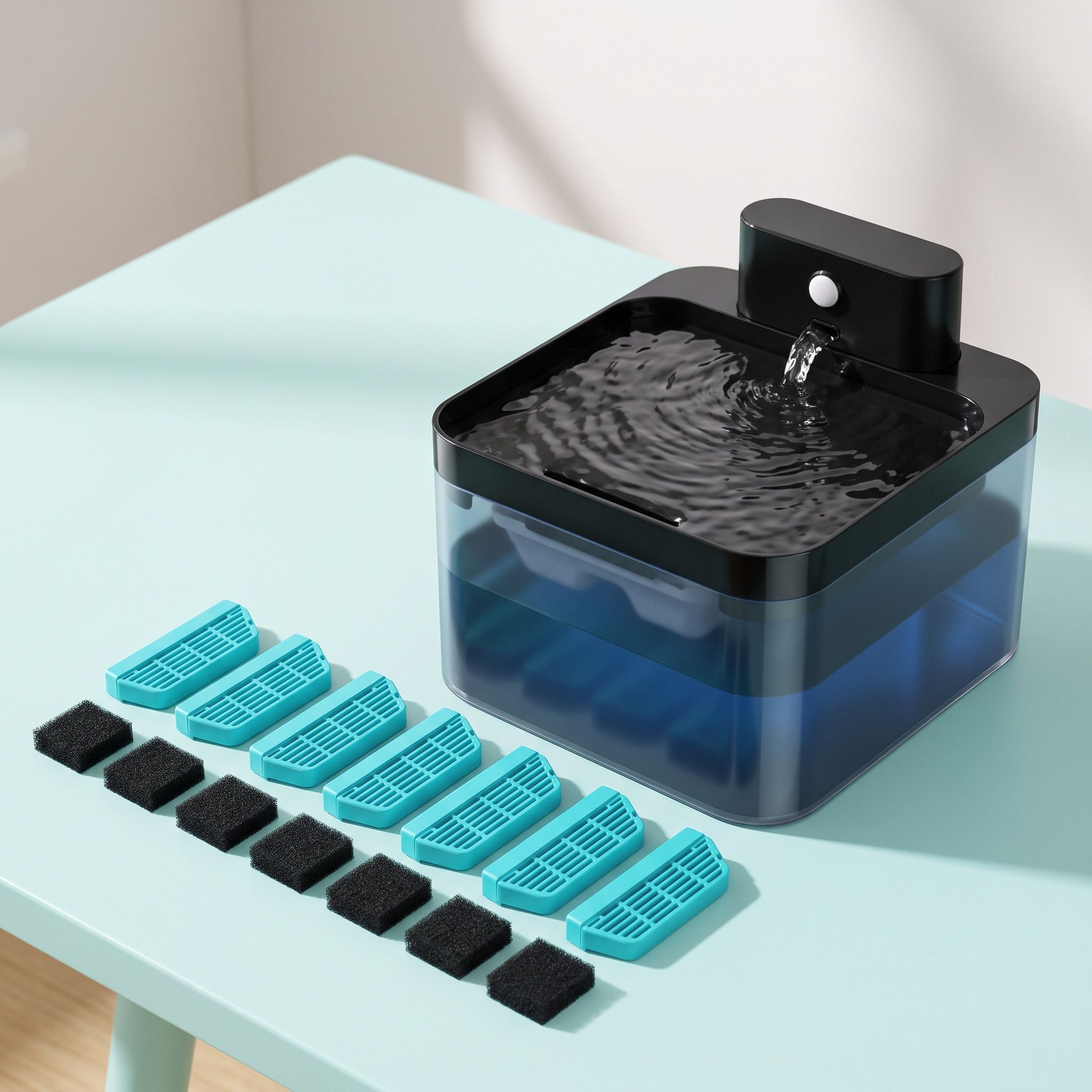 Same black fountain with seven filter sets