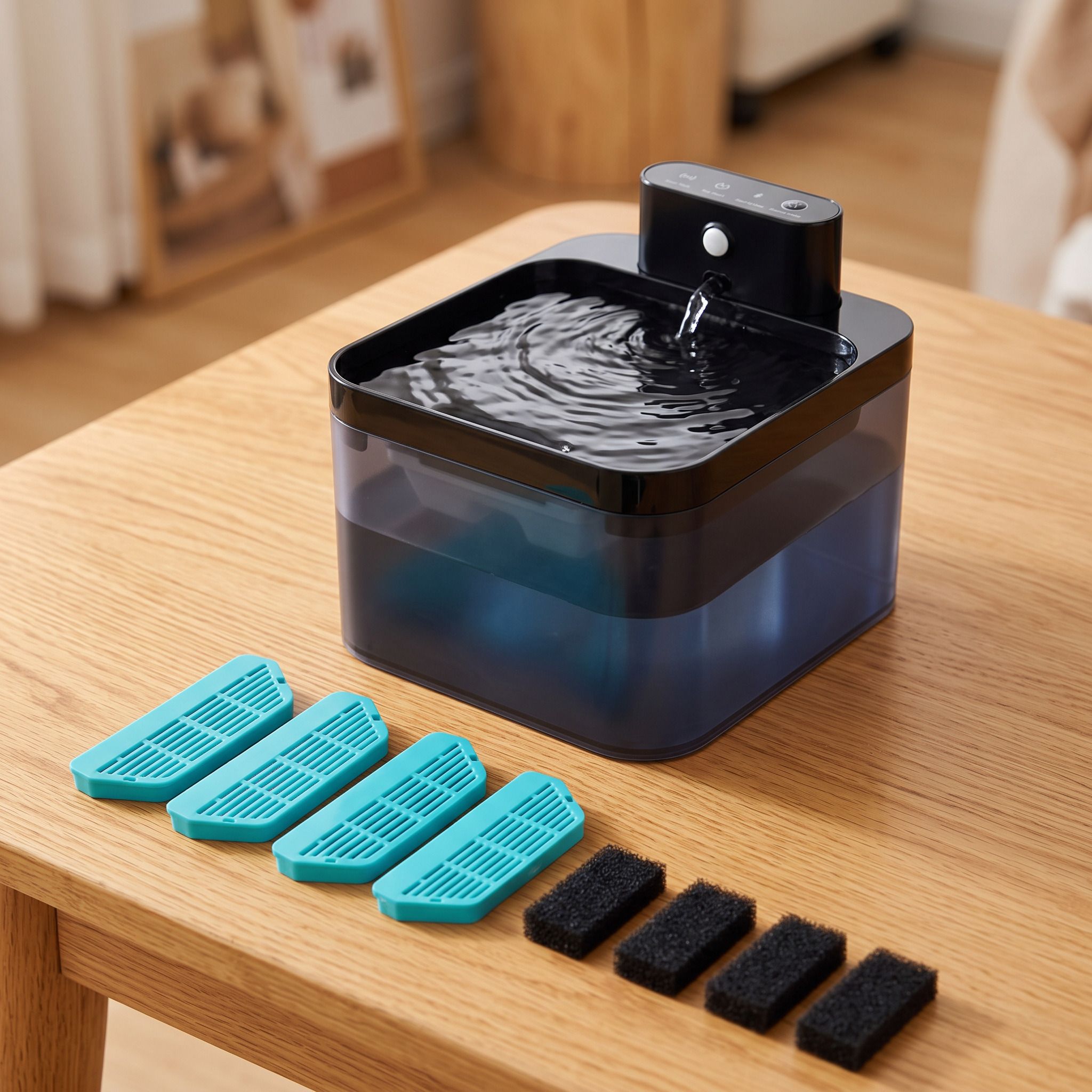 Same black fountain with four filter sets